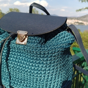 Πλεκτή τσάντα πλάτης/backpack μπλε ραφ με λεπτομέρειες δερμάτινης 35Χ38Χ16 - νήμα, πλάτης, μεγάλες, δερματίνη, πλεκτές τσάντες - 3