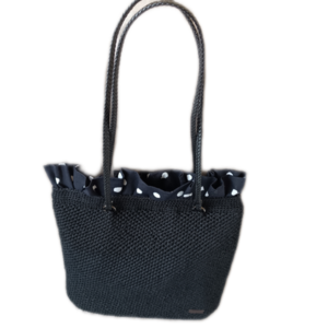 Πλεκτή, χειροποίητη τσάντα ώμου μαύρη με χερούλια δερματίνης 34Χ32Χ12 - νήμα, ώμου, μεγάλες, δερματίνη, πλεκτές τσάντες
