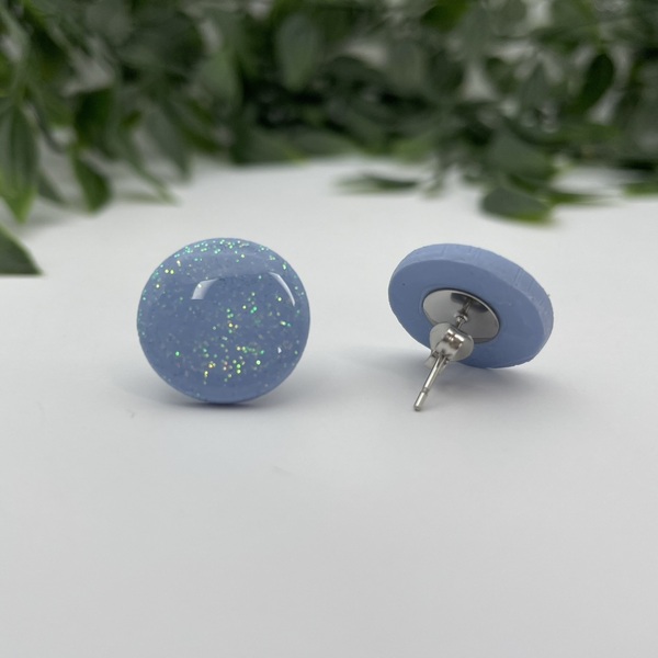 Σκουλαρίκια καρφωτά με glitter | Stud Earrings with glitter | Γαλάζιο - γυαλί, πηλός, καρφωτά, ατσάλι, καρφάκι - 4