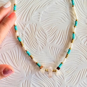 Hematite & Quartz beads | Turquoise |Beaded Necklace| - ημιπολύτιμες πέτρες, χάντρες, σταθερά - 2
