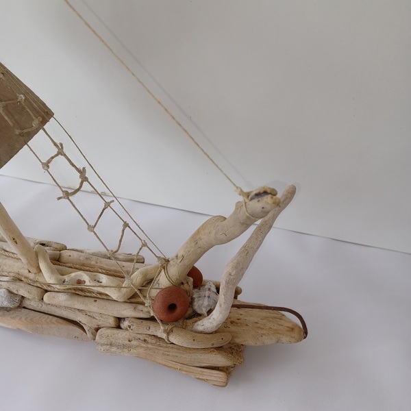 Driftwood Boat 05 - ξύλο, κοχύλι, καράβι, διακοσμητικά - 4