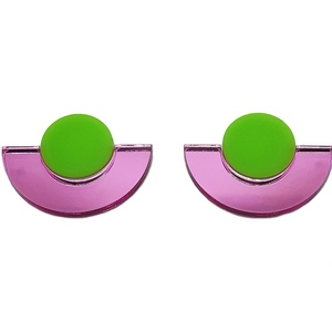 Σκουλαρίκια από plexiglass, κύκλος με ημικύκλιο (ροζ-πράσινο) - καρφωτά, μικρά, plexi glass, καρφάκι, φθηνά