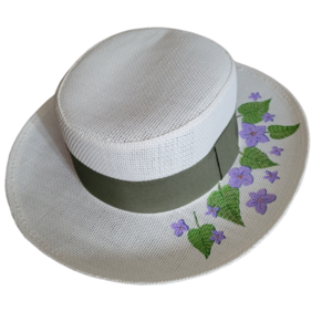 Ψάθινο καπέλο ζωγραφισμένο στο χέρι - μωβ λουλουδάκια - ζωγραφισμένα στο χέρι, ψάθινα