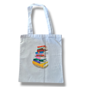 Τσάντα υφασμάτινη, ζωγραφισμένη στο χέρι, λευκό χρώμα - βιβλία - ύφασμα, ώμου, μεγάλες, all day, πάνινες τσάντες