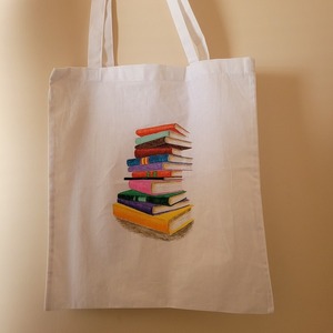 Τσάντα υφασμάτινη, ζωγραφισμένη στο χέρι, λευκό χρώμα - βιβλία - ύφασμα, ώμου, μεγάλες, all day, πάνινες τσάντες - 5