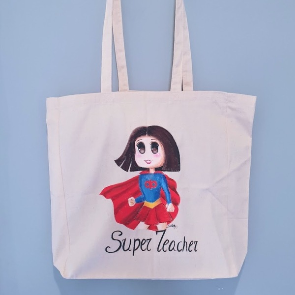 Προσωποποιημένη υφασμάτινη τσάντα για τη δασκάλα "super teacher" - ύφασμα, ώμου, μεγάλες, πάνινες τσάντες, προσωποποιημένα - 4