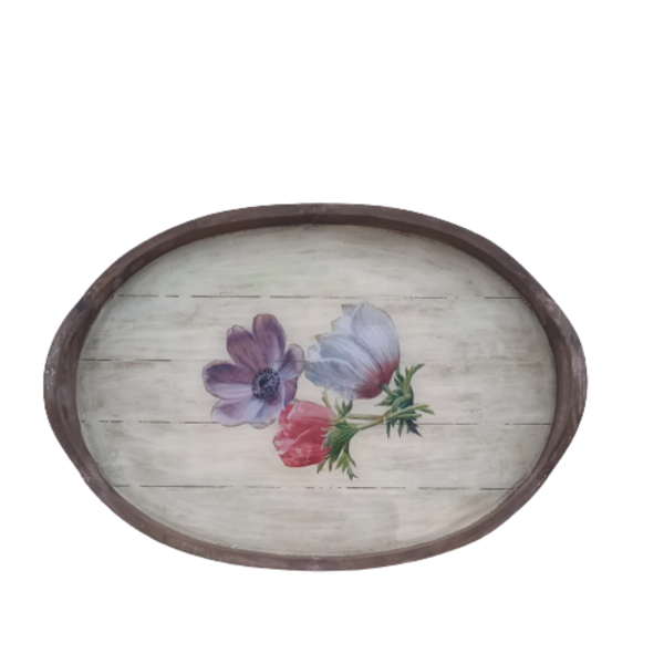 Ξύλινος δίσκος με σχέδιο λουλούδι & υγρό γυαλί - ξύλο, χαρτί, ρητίνη, πιατάκια & δίσκοι