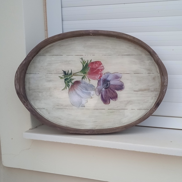 Ξύλινος δίσκος με σχέδιο λουλούδι & υγρό γυαλί - ξύλο, χαρτί, ρητίνη, πιατάκια & δίσκοι - 5