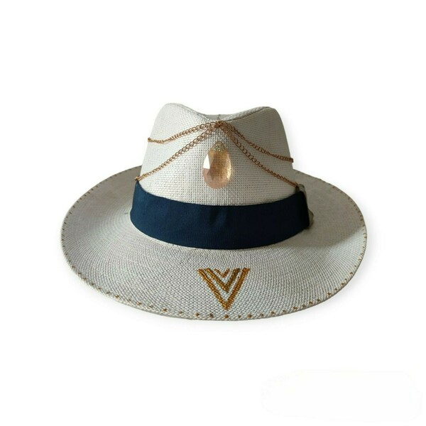 '' Chain Lovers '' Καπέλο λευκό τύπου Πανάμα διακοσμημένο με μοτιφ και ατσάλινες χρυσαφί αλυσίδες - ύφασμα, ψάθινα
