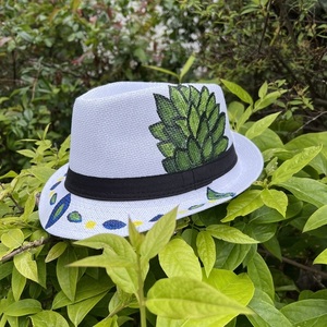 Ψάθινο καπέλο ζωγραφισμένο «φύλλα» 58 εκ. - ζωγραφισμένα στο χέρι, γεωμετρικά σχέδια, ψάθινα - 5