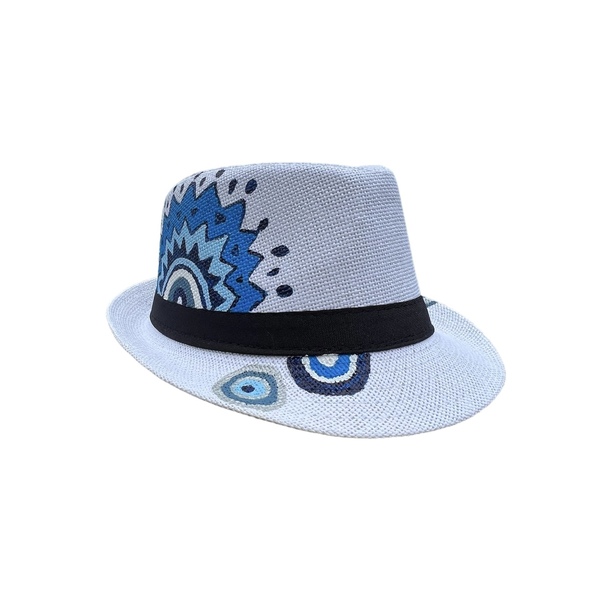 Ψάθινο καπέλο ζωγραφισμένο στο χέρι με μάτια και σχέδια μαντάλα σε μπλε χρώμα 58 εκ. - ζωγραφισμένα στο χέρι, boho, ματάκια, ψάθινα