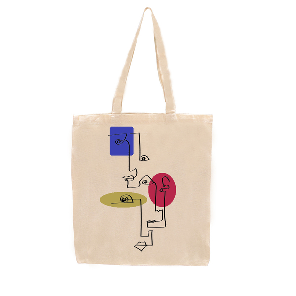 Tote Bag Υφασμάτινη Abstrack Faces Εκρού 48x32 - ύφασμα, ώμου, all day, πάνινες τσάντες