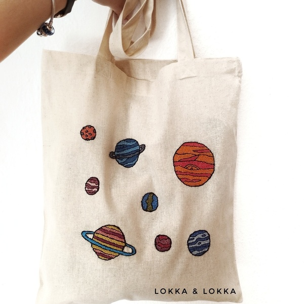 Βαμβακερή Kεντημένη τσάντα πολλαπλών χρήσεων - planet system - - ύφασμα, ώμου, μικρός πρίγκιπας, tote, πάνινες τσάντες - 3