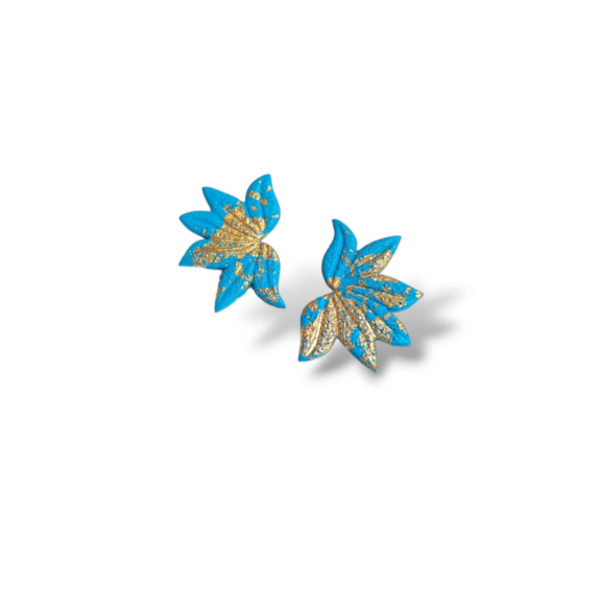 Καρφωτά Χειροποίητα Σκουλαρίκια σε Γαλάζια Απόχρωση με φύλλα Χρυσού - πηλός, λουλούδι, boho, καρφάκι, φθηνά