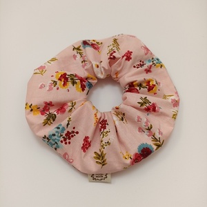Σετ scrunchie XL φλοραλ ροζ λαδί - ύφασμα, λαστιχάκια μαλλιών - 2