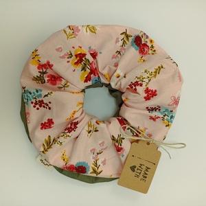 Σετ scrunchie XL φλοραλ ροζ λαδί - ύφασμα, λαστιχάκια μαλλιών - 4