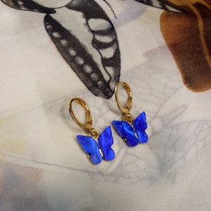 Σκουλαρίκια κρίκος με μπλε πεταλούδα - ορείχαλκος, κρίκοι, πεταλούδα, μικρά - 2