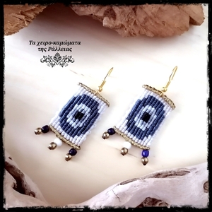 Σκουλαρίκια macrame "evil eye" - νήμα, μακραμέ, boho, κρεμαστά, γάντζος - 2