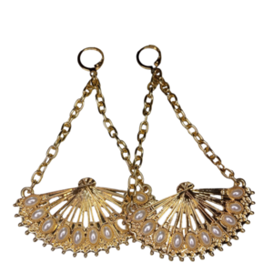 Σκουλαρίκια με χρυσή βεντάλια - ορείχαλκος, κρεμαστά, πέρλες, μεγάλα