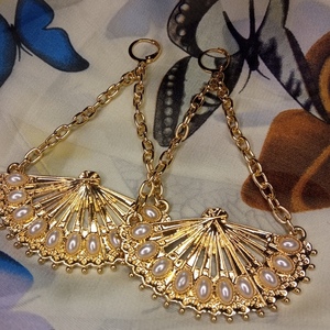 Σκουλαρίκια με χρυσή βεντάλια - ορείχαλκος, κρεμαστά, πέρλες, μεγάλα - 3