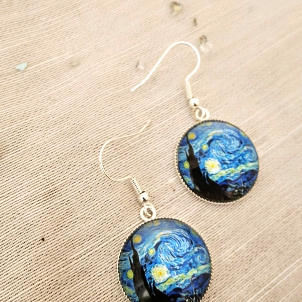 Σκουλαρικια Starry Night - Vincent Van Gogh - μπλε, φεγγάρι, ατσάλι - 3