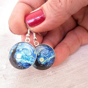 Σκουλαρικια Starry Night - Vincent Van Gogh - μπλε, φεγγάρι, ατσάλι - 4