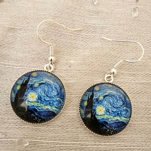 Σκουλαρικια Starry Night - Vincent Van Gogh - μπλε, φεγγάρι, ατσάλι - 5
