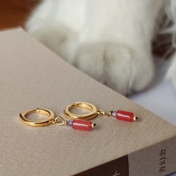 "Red Agate" Earrings - ημιπολύτιμες πέτρες, επιχρυσωμένα, ασήμι 925, μικρά, κρεμαστά