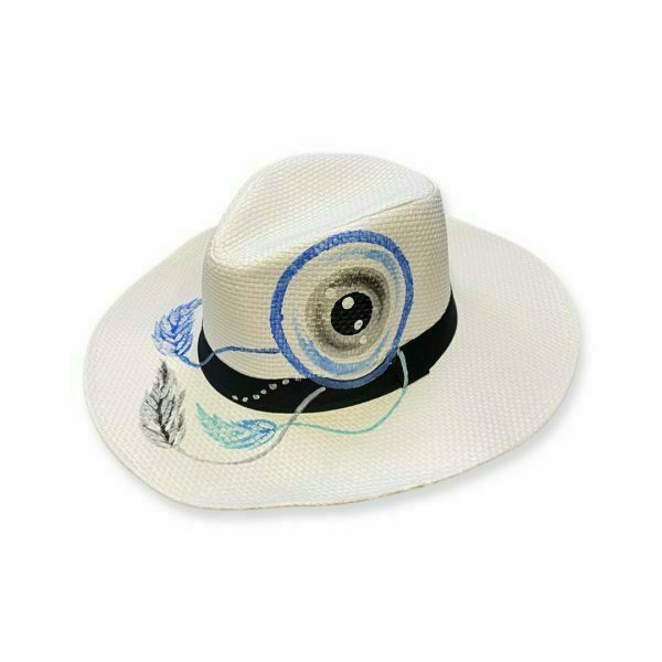 Καπέλο γυναικείο hand painted με μάτια και πούπουλα σε λευκό χρώμα - ψάθινα