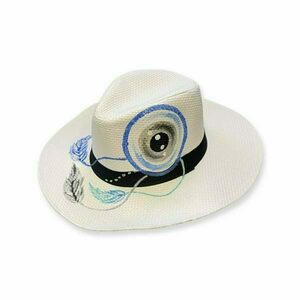 Καπέλο γυναικείο hand painted με μάτια και πούπουλα σε λευκό χρώμα - ψάθινα
