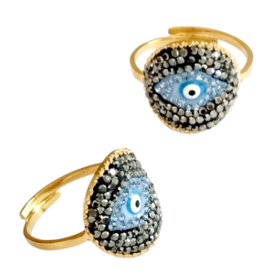 Δαχτυλίδι μάτι ατσάλινο σε χρυσό με ημιπολύτιμες πέτρες μαρκασίτες και γαλάζιο σμάλτο. Το δαχτυλίδι είναι ρυθμιζόμενο για να προσαρμόζεται σε όλα τα δάχτυλα. - chevalier, ατσάλι, ματάκια, αυξομειούμενα - 3
