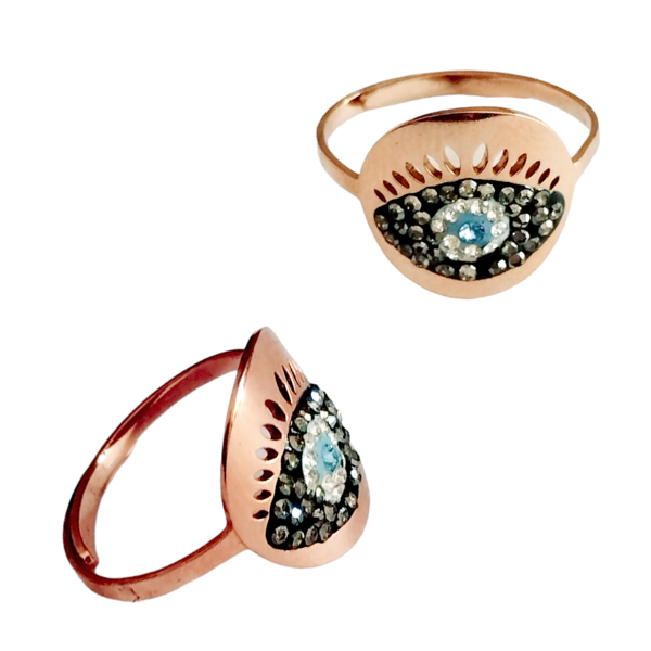 Δαχτυλίδι μάτι ατσάλινο σε ροζ χρυσό με ημιπολύτιμες πέτρες μαρκασίτες. Το δαχτυλίδι είναι ρυθμιζόμενο για να προσαρμόζεται σε όλα τα δάχτυλα. - ατσάλι, ματάκια, αυξομειούμενα - 3