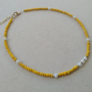 Κολιέ με κίτρινες και λευκές χάντρες - τσόκερ, χάντρες, κοντά, seed beads - 4