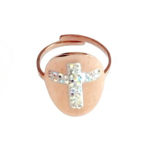 Δαχτυλίδι ατσάλινο σε ροζ χρυσό με σταυρό απο λευκές πέτρες . Το δαχτυλίδι είναι ρυθμιζόμενο για να ταιριάζει σε όλα τα δάχτυλα. - ατσάλι, αυξομειούμενα
