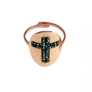 Δαχτυλίδι ατσάλινο σε ροζ χρυσό με σταυρό απο μαύρες πέτρες. Το δαχτυλίδι είναι ρυθμιζόμενο για να ταιριάζει σε όλα τα δάχτυλα. - σταυρός, ατσάλι