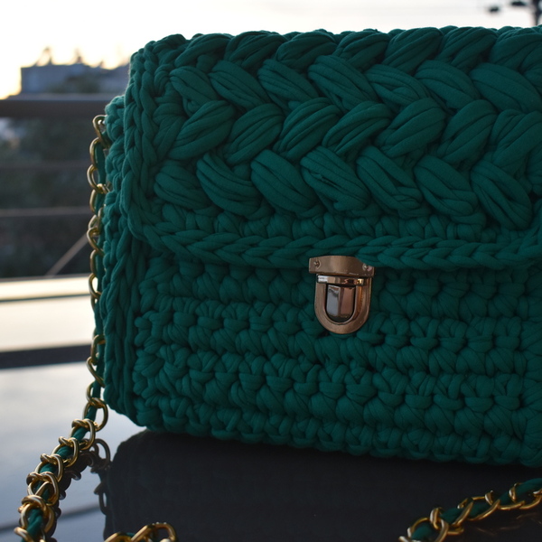 Πλεκτή τσάντα πράσινη από ανακυκλωμένο μακό. - νήμα, ώμου, μεγάλες, πλεκτές τσάντες, φθηνές - 3