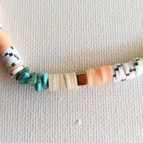 Pastel Summer Collection|Beaded Necklace | Polymer Clay beads, Dalmation Jasper, Blue Turquoises, Hematite | Mint, Salmon Pink, Pale Ochre | Multi Colors - ημιπολύτιμες πέτρες, χάντρες, layering, σταθερά - 2