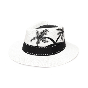Palm Trees Χειροποίητο λευκό Καπέλο Παναμά με σχέδιο φοίνικες - ζωγραφισμένα στο χέρι, μάτι, αξεσουάρ παραλίας, ψάθινα