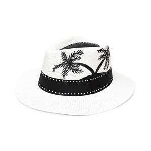 Palm Trees Χειροποίητο λευκό Καπέλο Παναμά με σχέδιο φοίνικες - ζωγραφισμένα στο χέρι, μάτι, ψάθινα