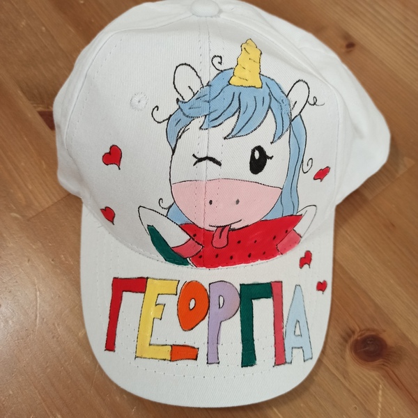 παιδικό καπέλο jockey με όνομα και θέμα μονόκερος με καρπούζι (unicorn and watermelon) - κορίτσι, όνομα - μονόγραμμα, καρπούζι, μονόκερος, καπέλα - 2