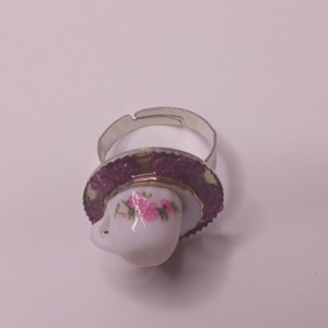 Δαχτυλίδι φλιτζάνι από πορσελάνη - γυαλί, επάργυρα, μεγάλα, αυξομειούμενα - 4