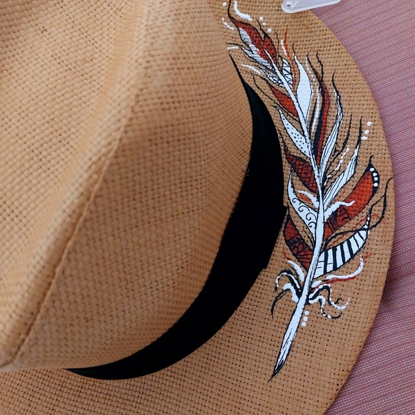Ψάθινο καπέλο ζωγραφισμένο- Φτερό(Εξαντλημένο) - ψάθινα - 2