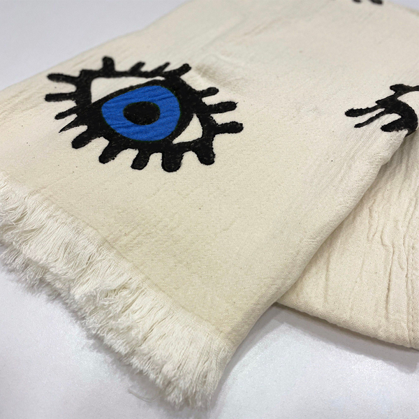 Πετσέτες Θαλάσσης Βαμβακερή Μουσελίνα Εκρού με τύπωμα μάτι 90x190 - 100% βαμβακερό