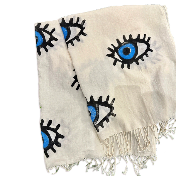 Πετσέτες Θαλάσσης Βαμβακερή Μουσελίνα Εκρού με τύπωμα μάτι 90x190 - 100% βαμβακερό - 3