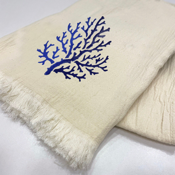 Πετσέτες Θαλάσσης Βαμβακερή Μουσελίνα Εκρού με τύπωμα Κοράλλι 90x190 - 100% βαμβακερό