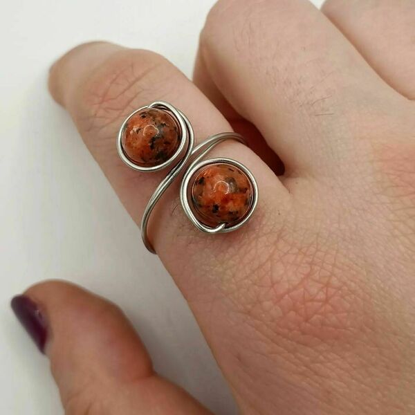 Boho δαχτυλίδι με ατσάλινο σύρμα και χάντρες ίασπι - red jasper - ημιπολύτιμες πέτρες, boho