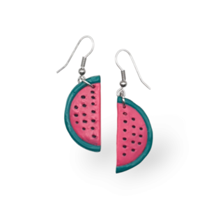 "Watermelon Dangles" I Χειροποίητα μοντέρνα σκουλαρίκια από πολυμερικό πηλό 4,5 cm - χρώμα ροζ / πρασινο - πηλός, μικρά, κρεμαστά, γάντζος, φθηνά