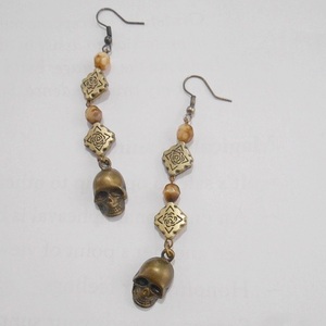 Σκουλαρίκια με μεταλλικά στοιχεία και χάντρες Bronze Skull Earrings - χάντρες, μπρούντζος, μεταλλικά στοιχεία, κρεμαστά, γάντζος