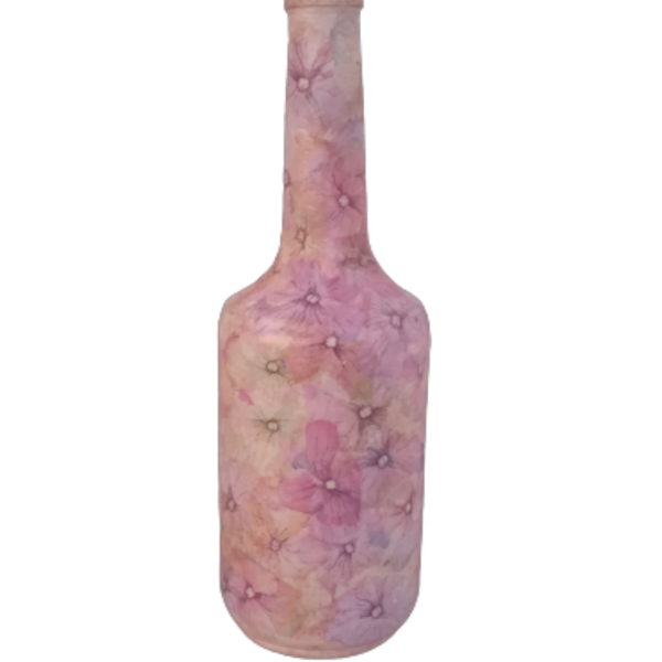 Γυάλινο διακοσμητικό μπουκάλι με σχέδιο λουλούδια - γυαλί, ντεκουπάζ, λουλούδια, διακοσμητικά μπουκάλια
