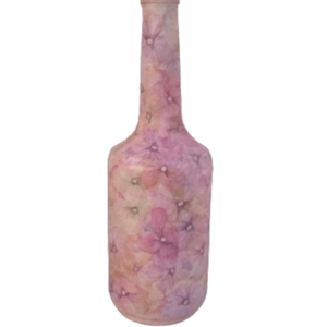 Γυάλινο διακοσμητικό μπουκάλι με σχέδιο λουλούδια - γυαλί, ντεκουπάζ, λουλούδια, διακοσμητικά μπουκάλια